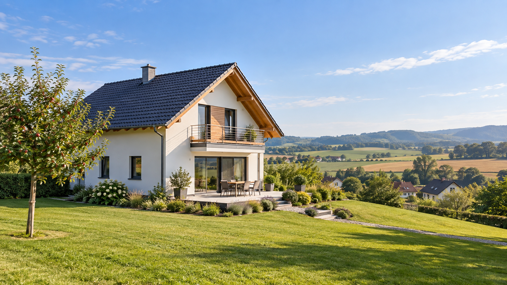 Helles Einfamilienhaus mit Garten in einer sanften oberösterreichischen Landschaft