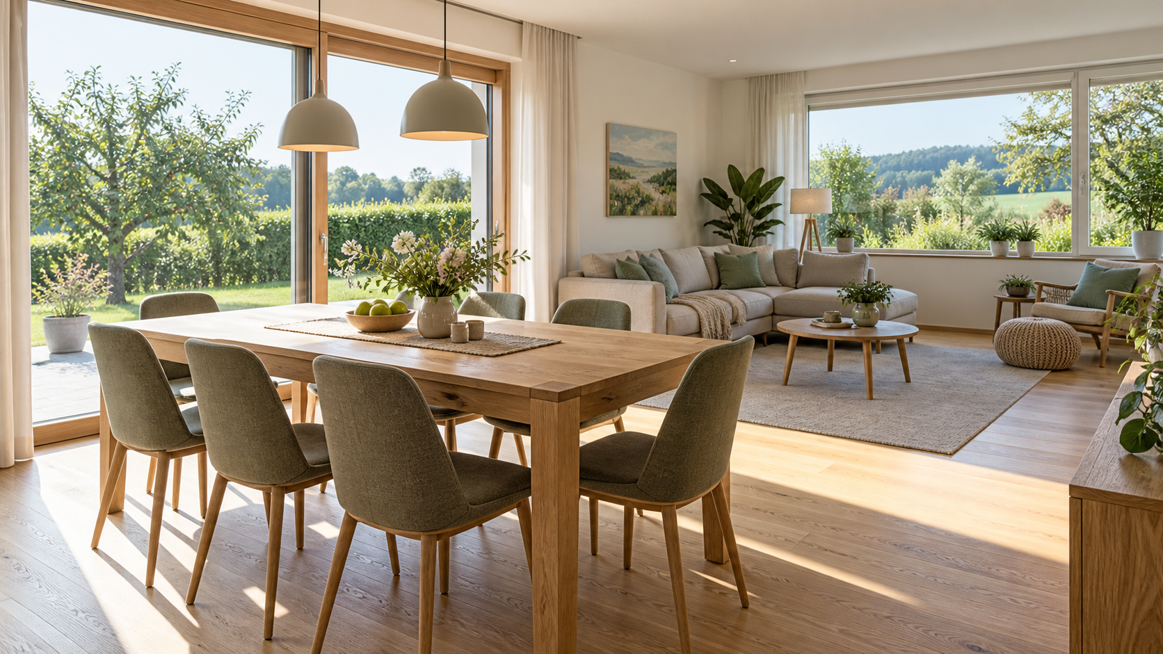 Heller Wohn- und Essbereich mit Holztisch und Blick in einen grünen Garten